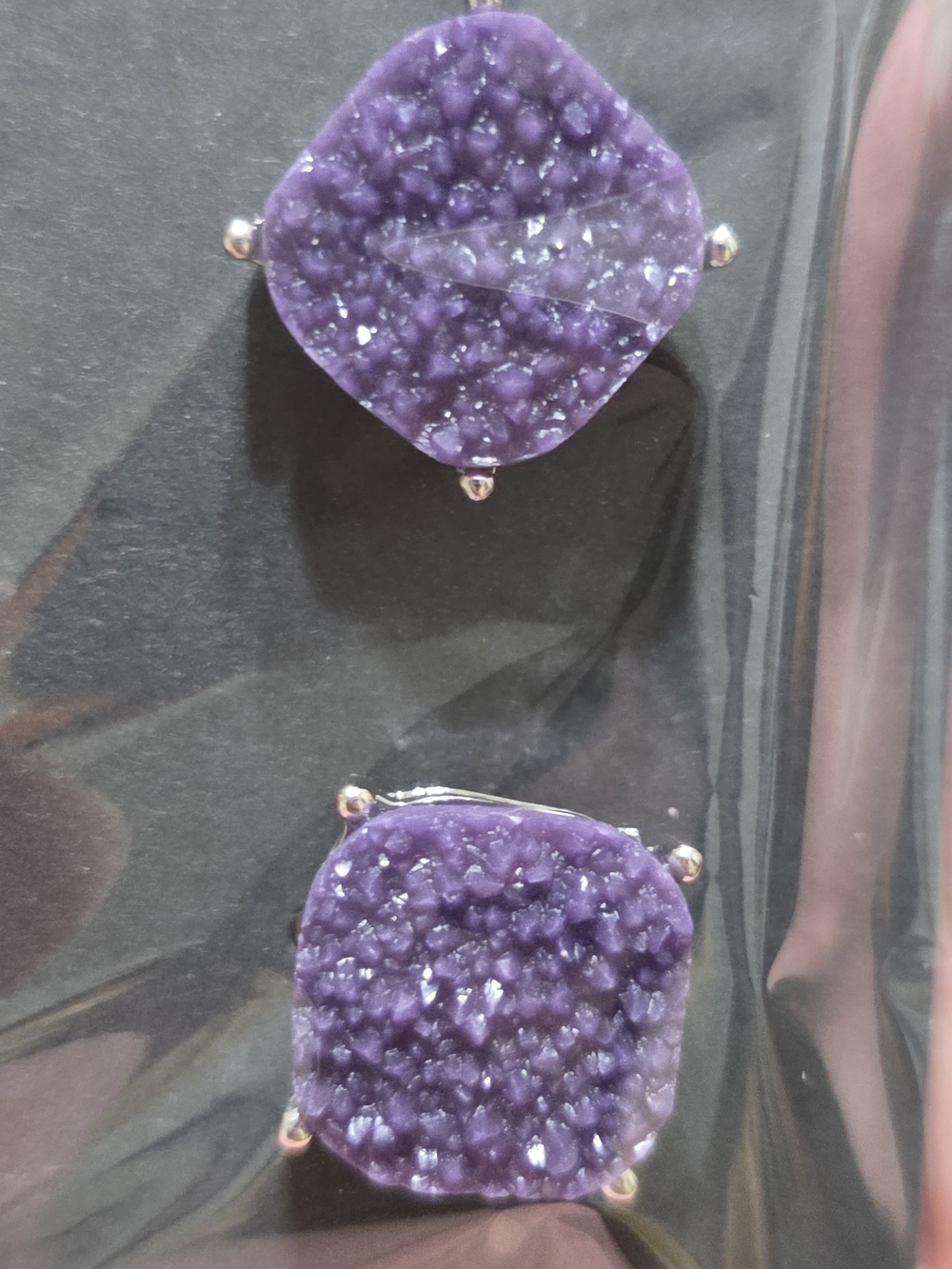 purple amethyst druzy earrings set in silver-tone metal.